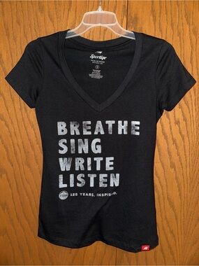 NWOT Sportiqe Black V-Neck Graphic Tee - "Breathe Sing Write Listen"